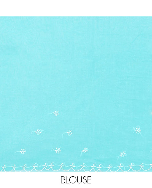 Blue floral embroidery lucknowi chikankari cotton saree,self-border & pallu of floral & paisley embroidery