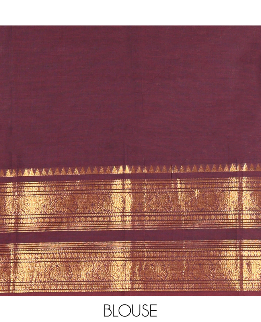 Coffee Brown Plain Chettinad Cotton Saree, Highlighted by Rettai Pettu Peacock-Elephant Border, a Matching Blouse