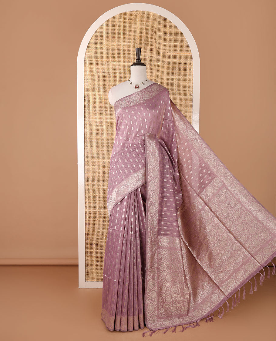 Light purple banarasi jute saree with zari buttas, floral creeper zari border, floral jaal zari woven pallu & zari woven blouse