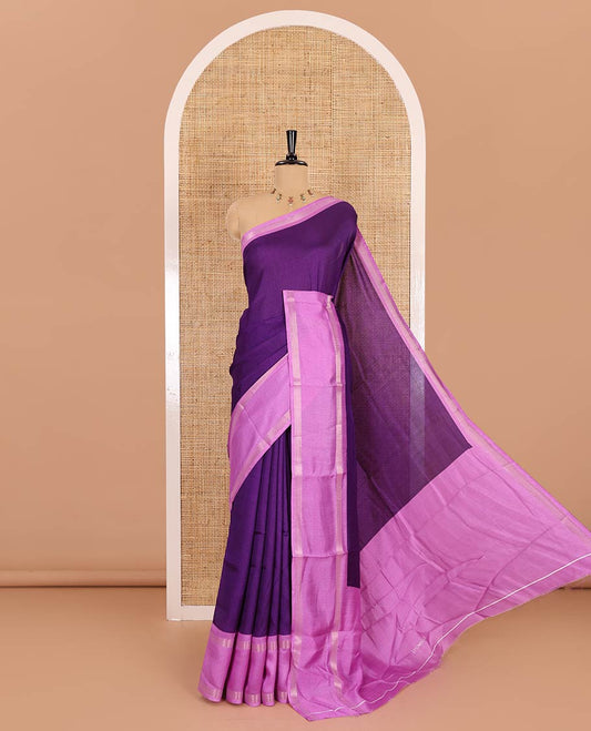 Violet embossed moss chiffon saree, contrast traditional rettai pettu border, embossed pallu, and a contrast embossed blouse