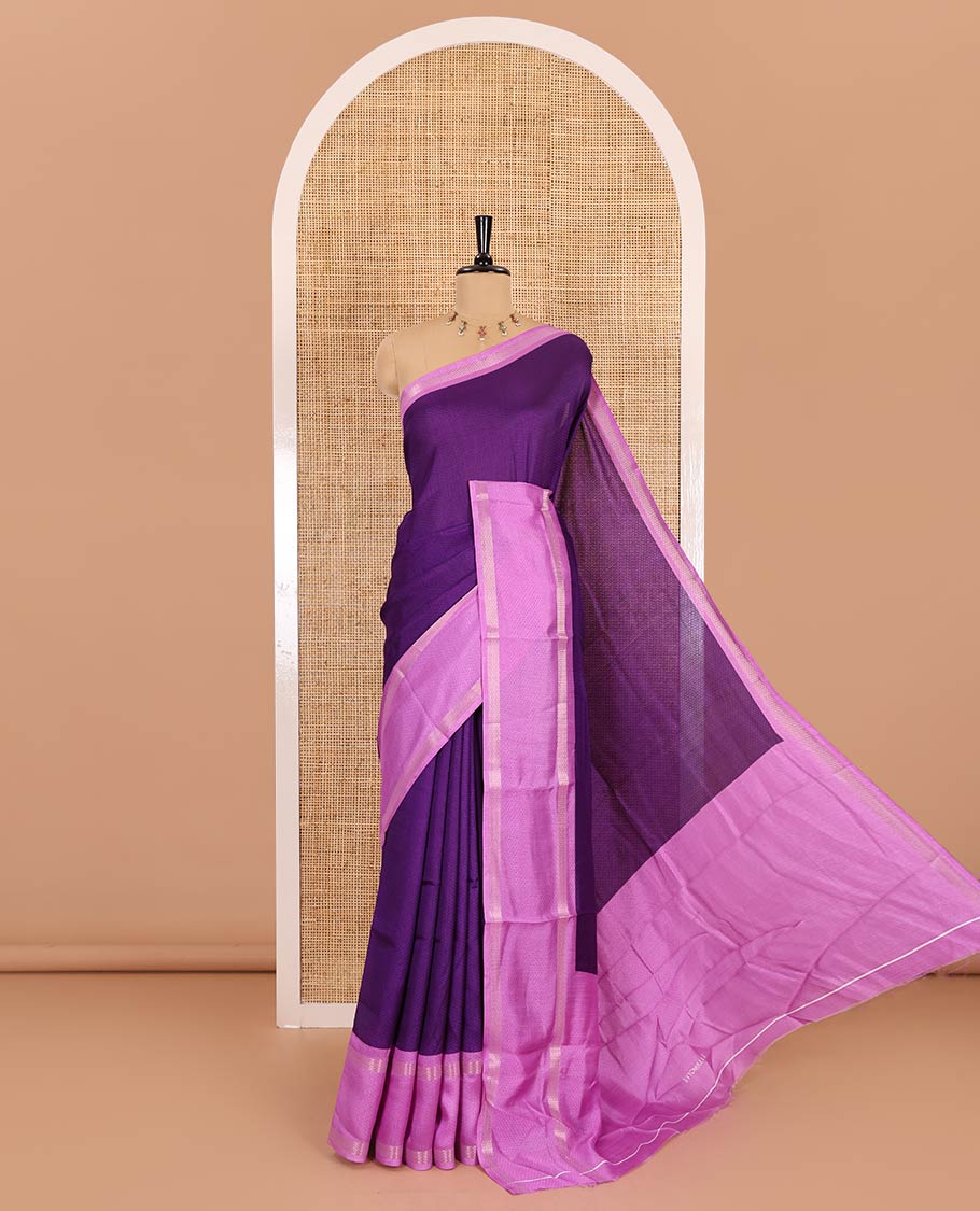 Violet embossed moss chiffon saree, contrast traditional rettai pettu border, embossed pallu, and a contrast embossed blouse