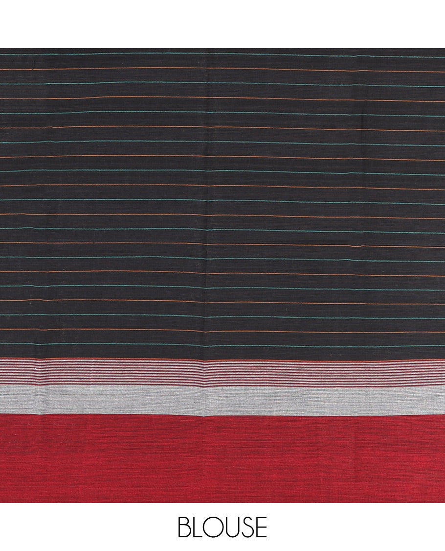 Black Striped Andhra Cotton Saree, Complemented by a Contrast Border, Checked Pallu, and a Matching Blouse