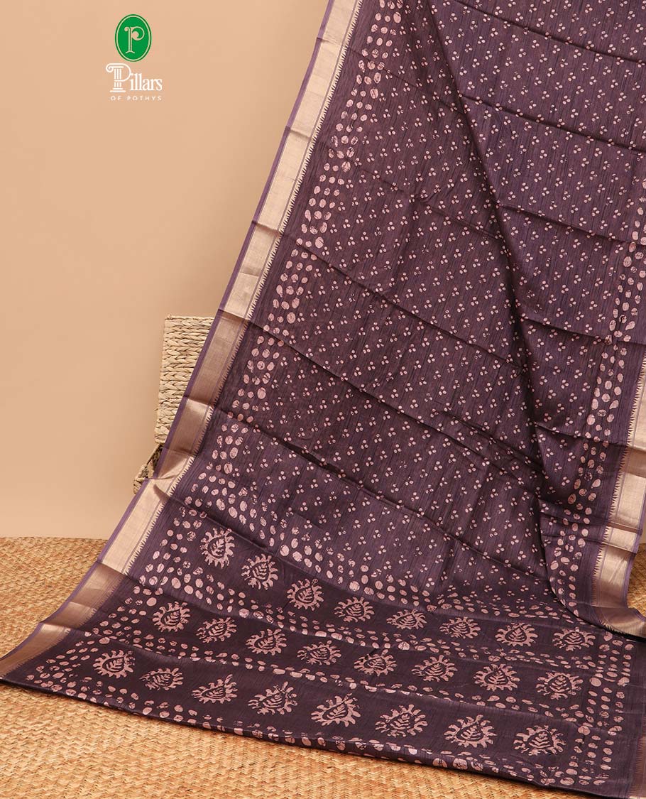 wine color all over batik printed semi-tussar saree with self zari jacquard border