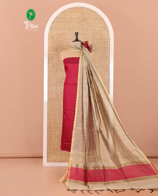 Majenta Material Chudidar Set, Adorned with Zari Checks All Over Its Semi-Silk Top, Comes with a Subtle Plain Bottom, and a Contrast Semi-Silk Dupatta of Zari Border and Tassels