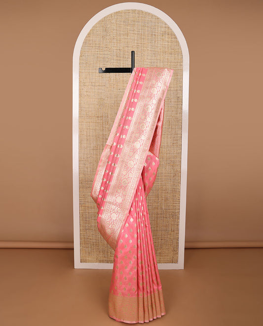 Peach leaf buttas semi banaras nylon saree with self intricate zari design border & floral jaal design pallu