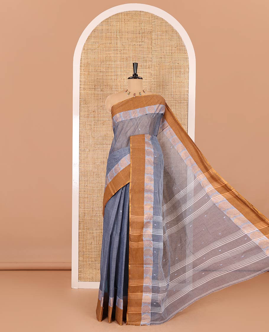 Grey thread buttas Bengal cotton saree, contrast border of paisley motifs, and striped pallu