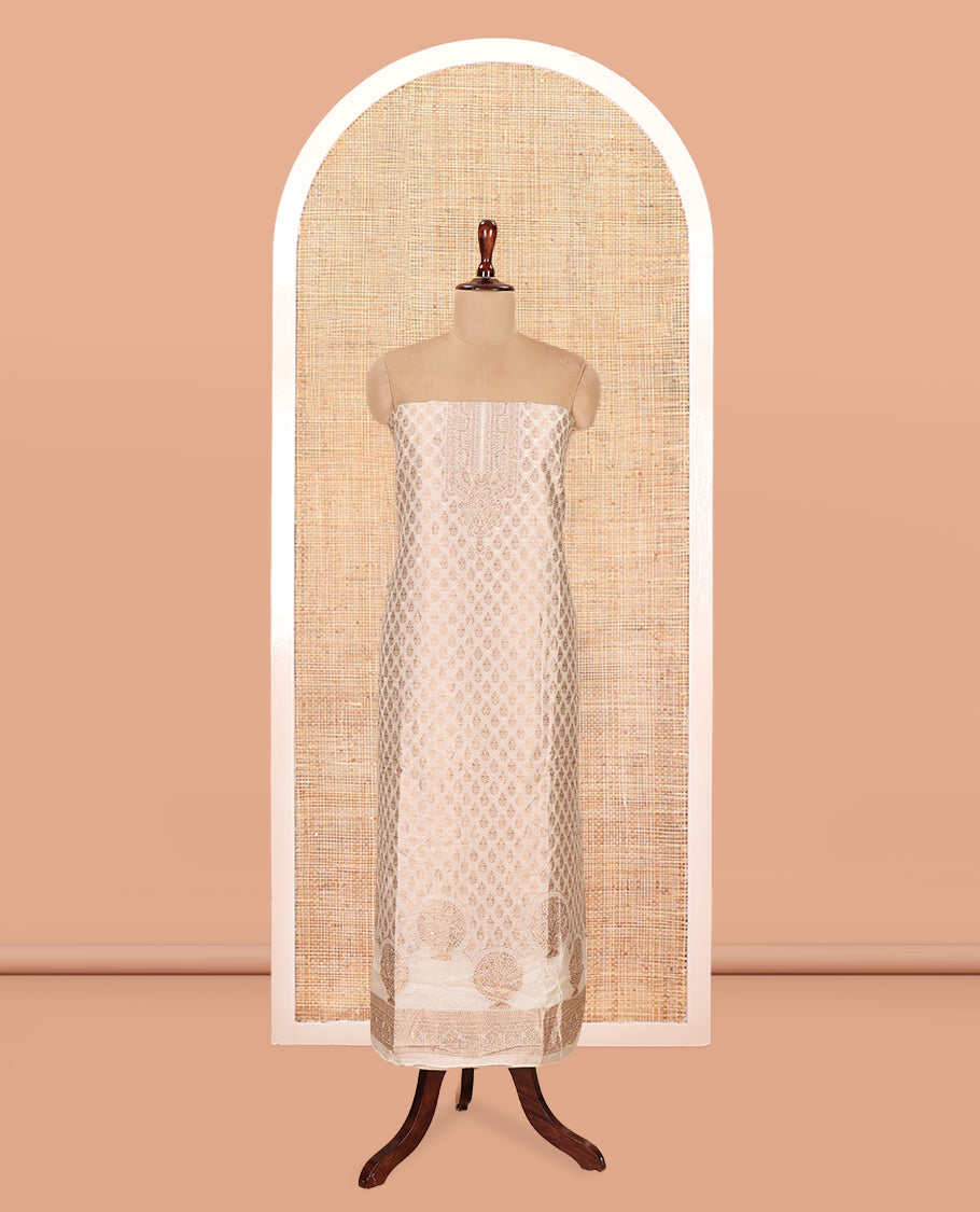 Kerala Cream Banarasi-Silk Material Churidar, Elevated with Zari Buttas Top, a Plain Bottom, and Intrircate Dhavani