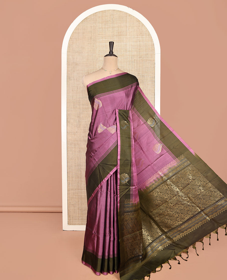 Onion Pink-Mehendi Zari Buttas Mayuri Lite Silkmix Saree, Contrast Border, Grand Pallu, Contrast Blouse