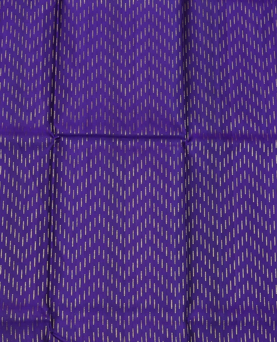 Violet Pure Silk Half-Saree, Finely Crafted with Zari Buttas on Its Skirt, Complemented by a Contrast Border Featuring Traditional Zari Designs, Comes with a Contrast Blouse and a Dhavani of Mayil-Chakram Enclosed Checks