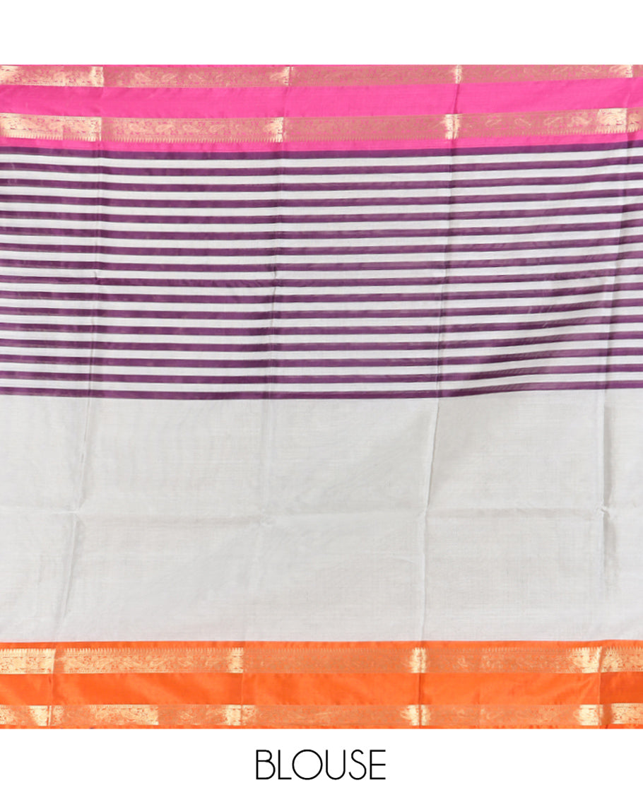 Grey Half-And-Half Semi-Katan Silk Saree Features Stripes, Contrast Ganga-Jamuna Border, Matching Blouse