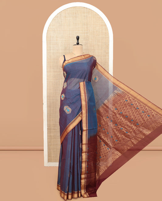 Blue Silk Cotton Saree, Graced with Meena Buttas, a Contrast Zari Border, Intricate Pallu, and a Contrast Blouse