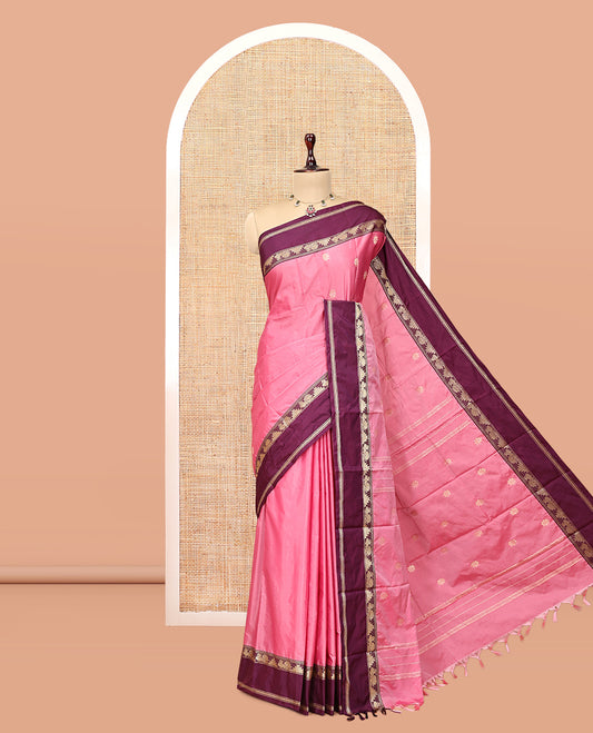 Pink Plain Arani Saree, a Contrast Rettai Pettu Traditional Border, Pallu of Zari Designs, and a Matching Blouse