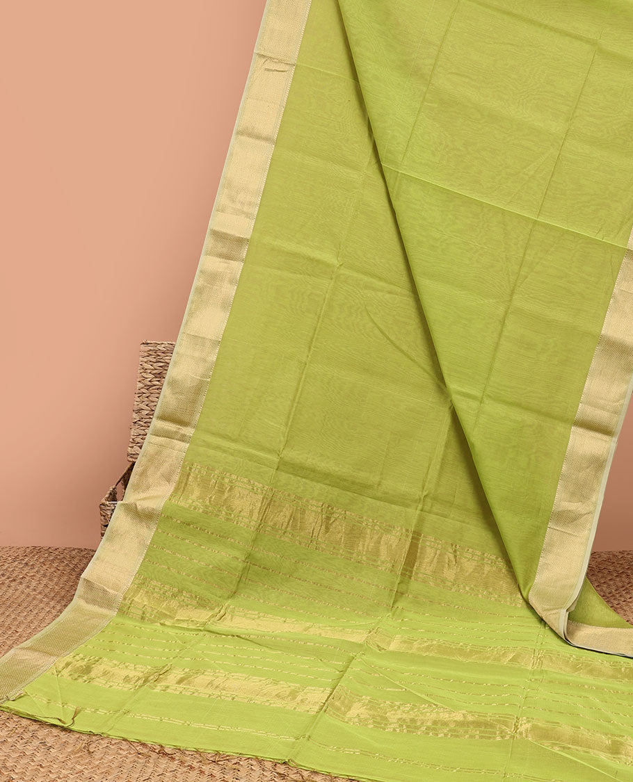 Green maheshwari cotton saree with contrast zari border & striped zari pallu
