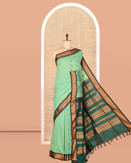 Green Kalyani Cotton Saree, Subtly Sparkled with Thread Buttas, a Contrast Traditional Zari Border, Grand Pallu, and a Contrast Blouse