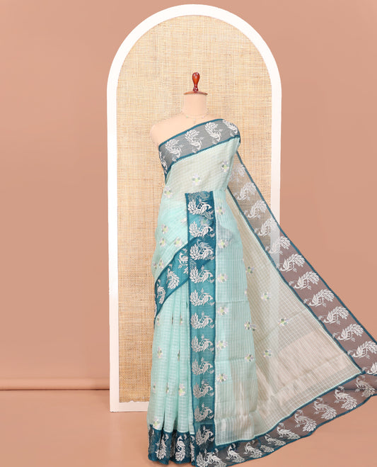 Blue Tissue Saree, Majestically Detailed with Checks and Floral Embroidery, a Contrast Peacock Border, Matching Blouse