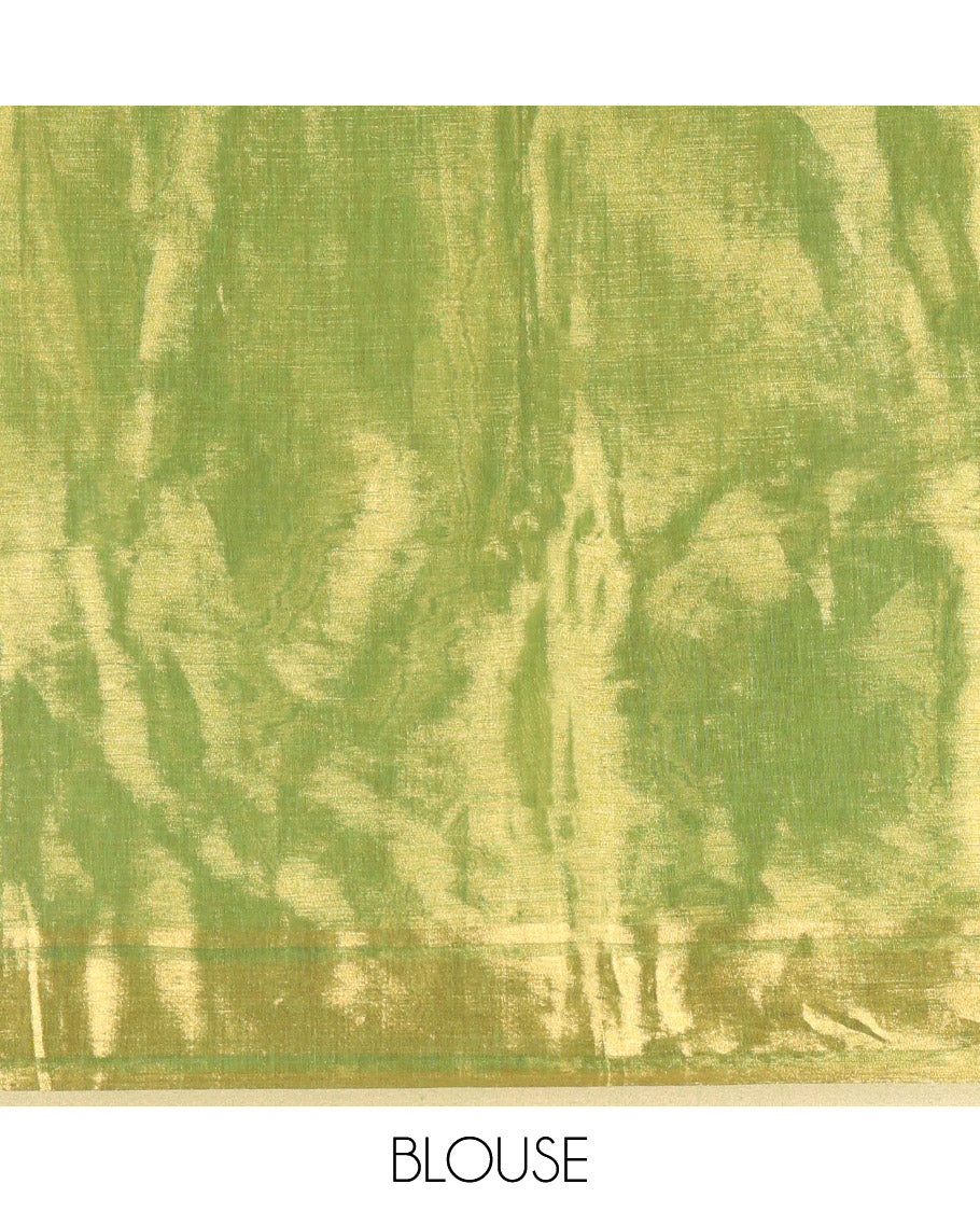 Green Plain Khadi Tissue Saree, a Gleaming Zari Bavanji Border, Golden Zari Striped Pallu, and Paired with a Matching Blouse