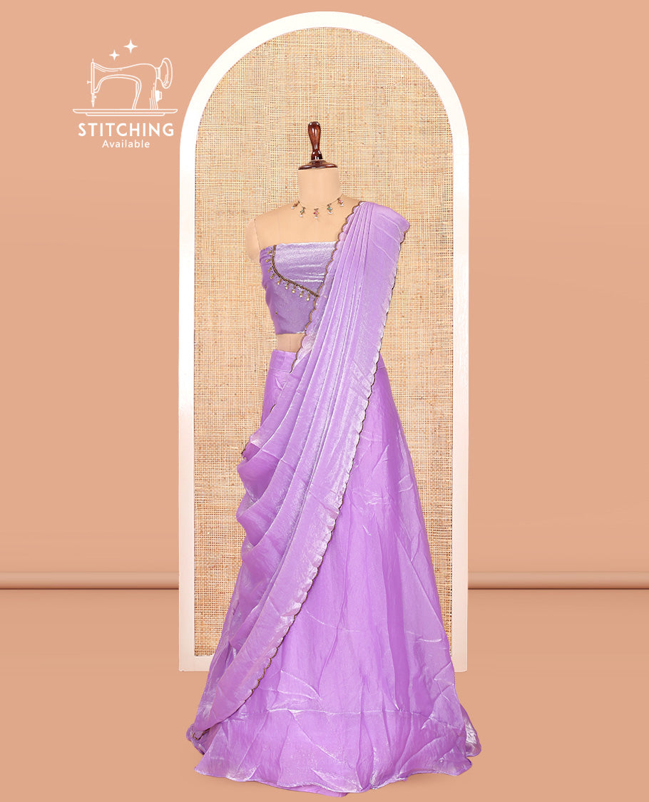 Lavender Fendi Organza Half-Saree, Plain Skirt, Matching Embroidered Blouse, Matching Scallop Dhavani