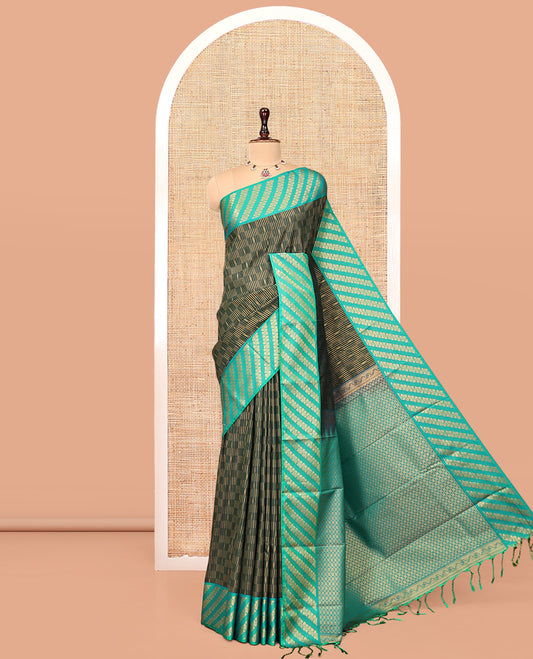 Green Budget Silk Saree, Elevated with Zari Checks, Complemented by Contrast Floral Creeper Border, Intricately Designed Pallu, and a Contrast Blouse