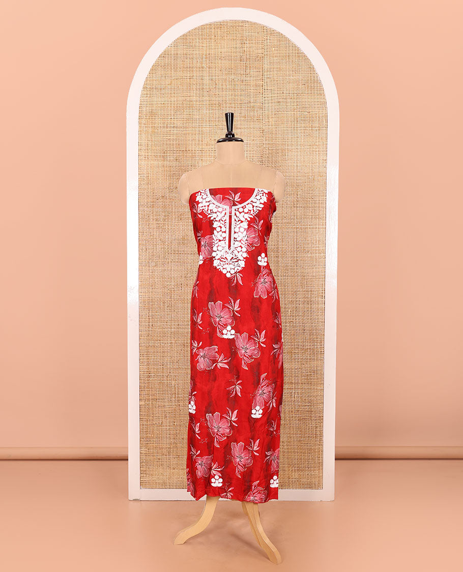 Red Material Chudidar Set Elevated with Phulkari-Style Floral Embroidery and Floral Print Rayon Top, Subtly Made Plain Rayon Bottom, and a Chiffon Georgette Dupatta of Floral Theme Designs