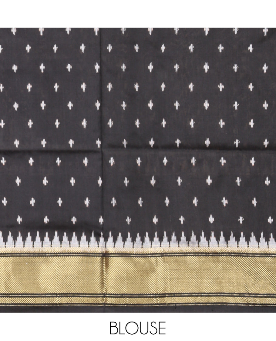 Cream Pochampally Ikat Saree, Adorned with Elephant Motifs, Complemented by a Contrast Traditional Zari Border, Ikat Pallu, and a Contrast Blouse