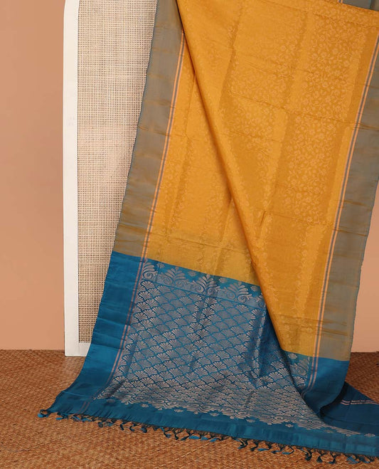 Orange floral design uppada saree with contrast border & floral design pallu