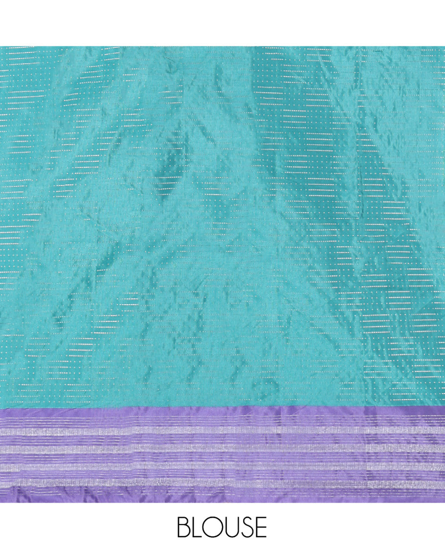 Blue Aarani Gift Saree, Subtly Sparkled with Zari Buttas on Its Body, Complemented by a Contrast-Striped Border, Subtly Striped Pallu, and Paired with a Matching Blouse