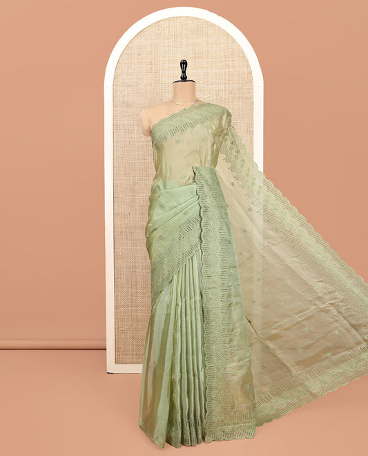 Green Designer Saree, Subtly Sparkled with Flower Thread Embroidery, Scallop Cut-Embroidered Border, and Embroidered Matching Blouse