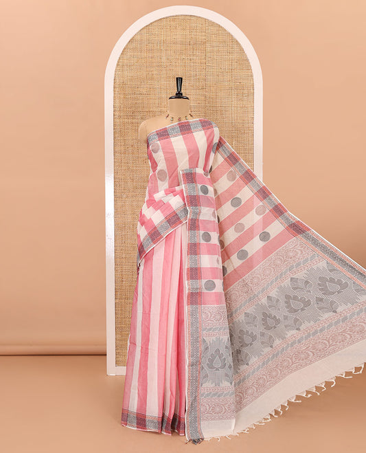 Pink striped and polka thread dotted woven nagama cotton saree , traditional thread border, pallu of floral and leaf design, and plain blouse