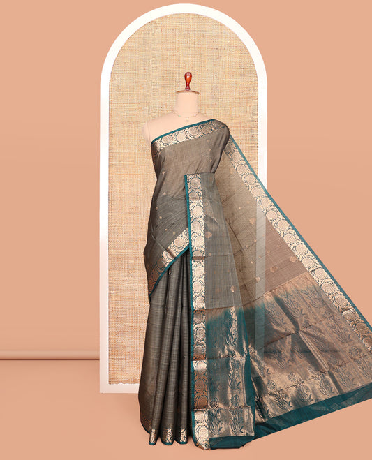 Grey Silk Cotton Saree, Subtly Sparkled with Zari Buttas and Stripes, Contrast Floral Creeper Border, Floral Pallu, and a Contrast Blouse
