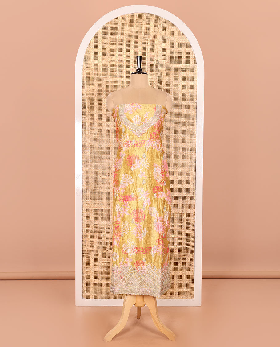 Mustard Material Chudidar Set Elevated with Floral-Geometric Printed with Neck Embroidered Chinon Top, Subtly Made Plain Santoon Bottom, and a Chinon Dupatta Featuring Printed Border, and Glitter Dots