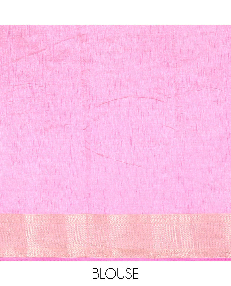 Baby pink lotus-leaf style printed semi-tussar saree, traditional zari border, zari striped pallu, and a matching blouse