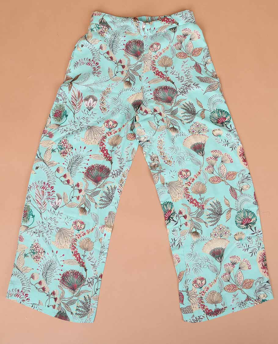 Blue floral design chinese neck, 3/4 th sleeve, below knee kurti with floral printed straight pant