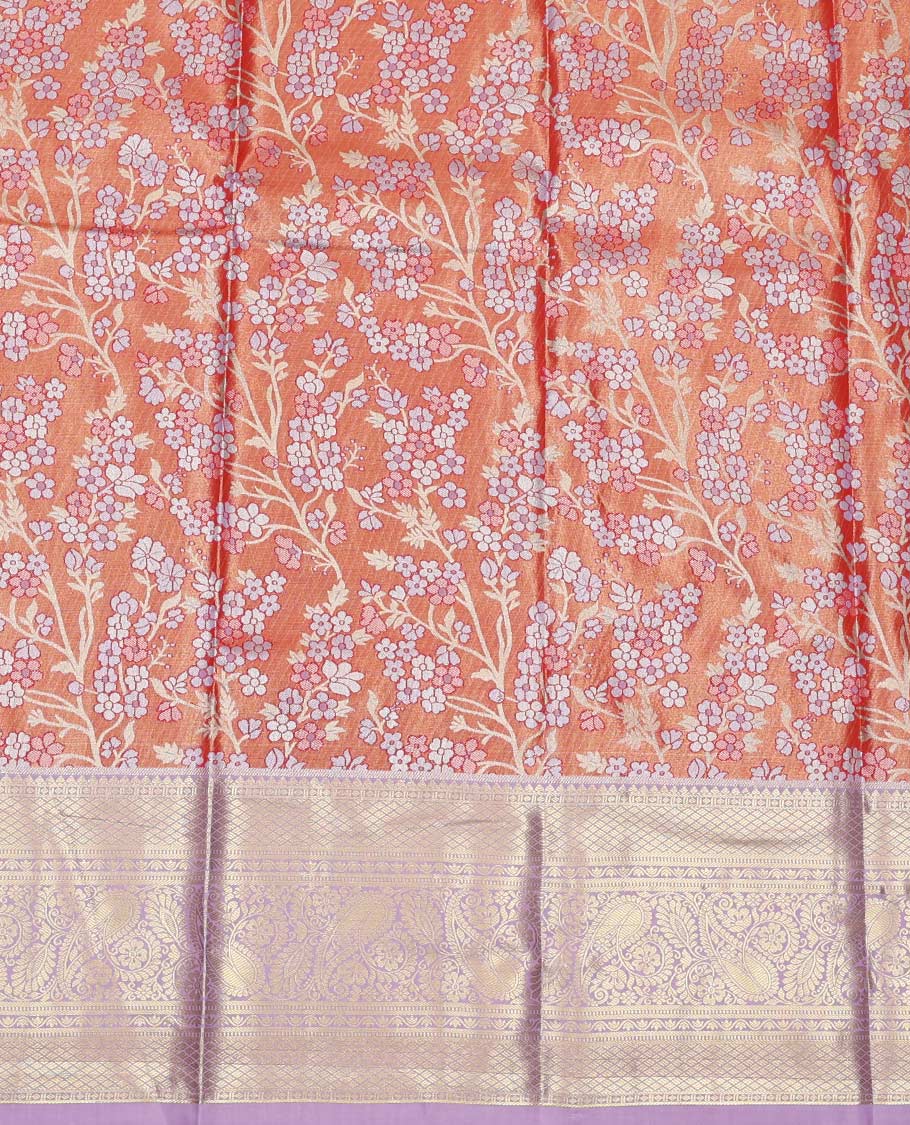 Orange Art Silk Material Half Saree Set, Accentuated with Floral Jacquard Design Skirt, a Contrast Traditional Zari Design Border, Contrast Zari-Jacquard Blouse, and a Dhavani of Paisley Designs