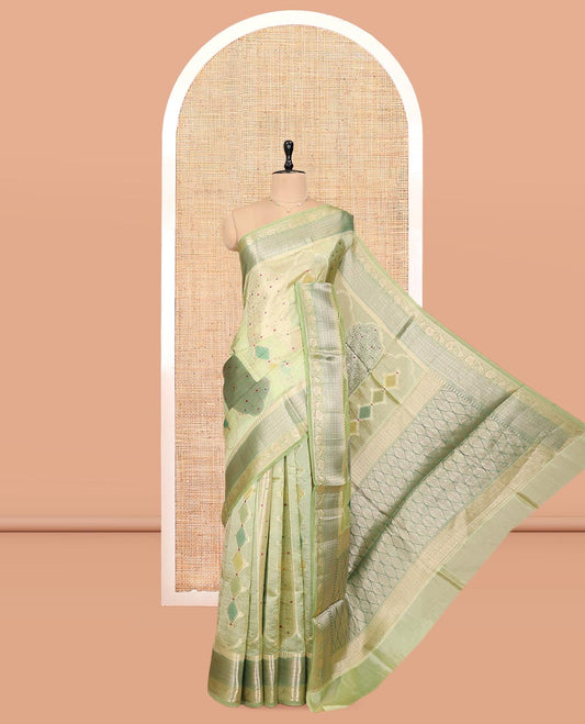 Green Dupion Silk Saree, Graced with Rangkat-Style Mughal Designs, a Contrast Traditional Zari Border, Ogee Pallu, and a Contrast Blouse