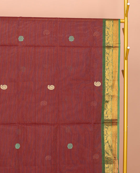 Red Venkatagiri Cotton Saree, Subtly Woven with Buttas, a Contrast Traditional Zari Border, Pallu of Buttas and Stripes, and No Blouse