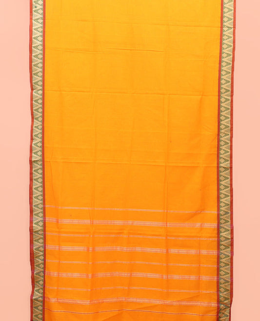 Orange Plain Nine-Yard Cotton Saree, Complemented by a Contrast Temple Border of Diamond Designs, Striped Pallu, and Comes Without a Blouse