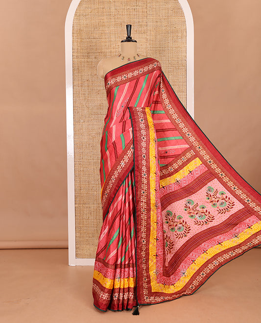 Pink leheriya striped printed, mirror and stone work moss chiffon saree, contrast bandhani printed mirror work border, floral print, mirror and stone work pallu with a contrast plain blouse