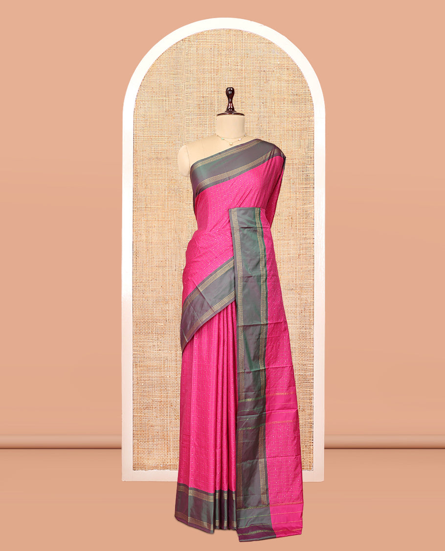 Pink Arani Saree, Decked Up with Butta Enclosed Checks, a Contrast Bodi Border, Self-Pallu, and a Matching Blouse
