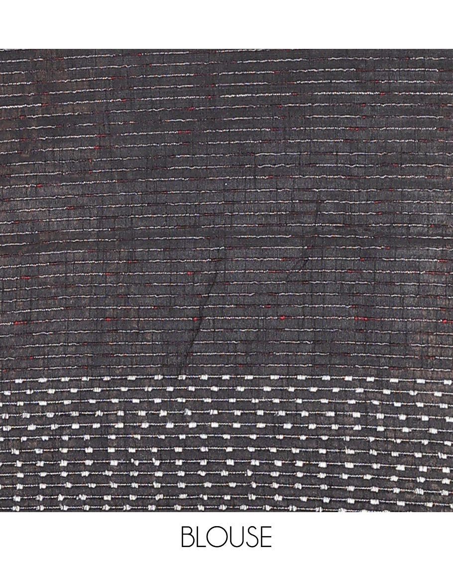 Peach buttas and checks dupion saree, dobbly-style buttas border, and contrast pallu of thread stripes