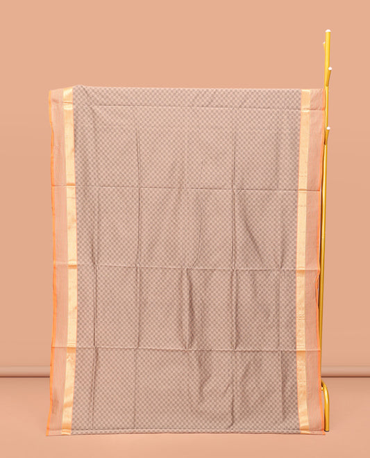 Brown Poly Cotton Saree, Bedecked with Checked Design on Its Body, Highlighted by a Traditional Zari  Peacock-Eye Border, Complemented by Contrast Striped Pallu, and Paired with a Contrast Blouse