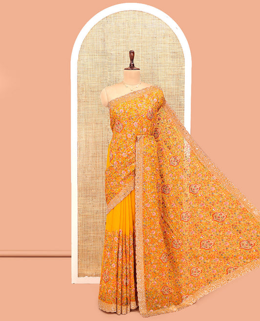 Yellow Designer Saree, Gracefully Embellished with Floral Mixed Embroidery, a Stone Work Scallop Border, and a Matching Blouse
