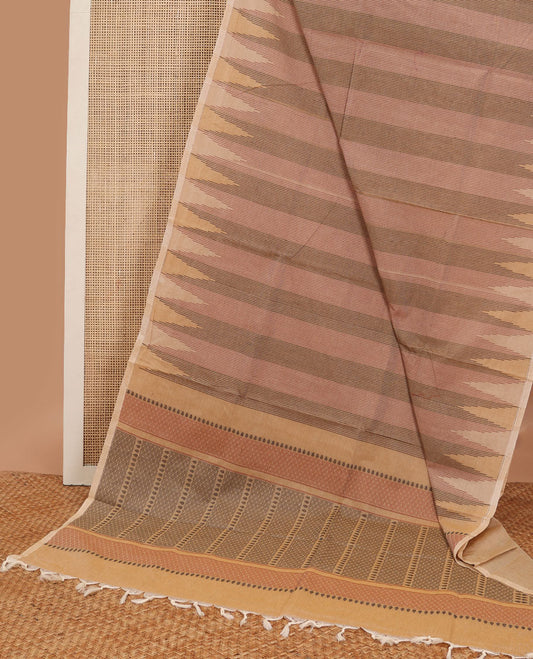 Multi-color striped coimbatore cotton saree with contrast temple border & geometric design pallu