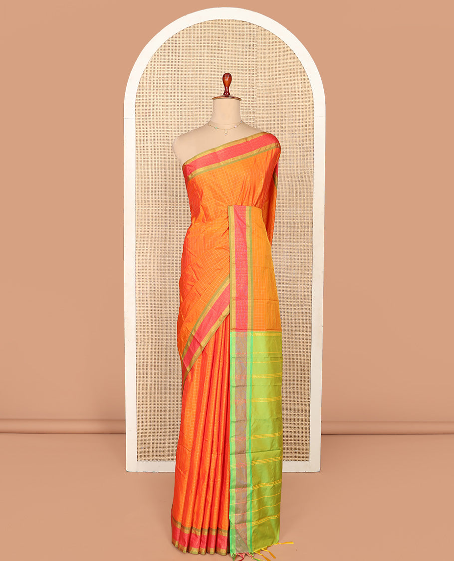 Orange Aarani Silk Saree, Subtly Enriched with Checked Design on Its Body, Complemented by a Contrast Border, Pallu of Stripes, and Paired with a Contrast Blouse