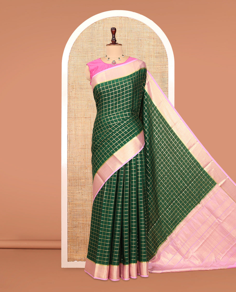 Green Mysore Silk Saree, Richly Detailed with Zari Checks, Complemented by a Contrast Traditional Zari Border, a Rich Pallu, and Contrast Blouse