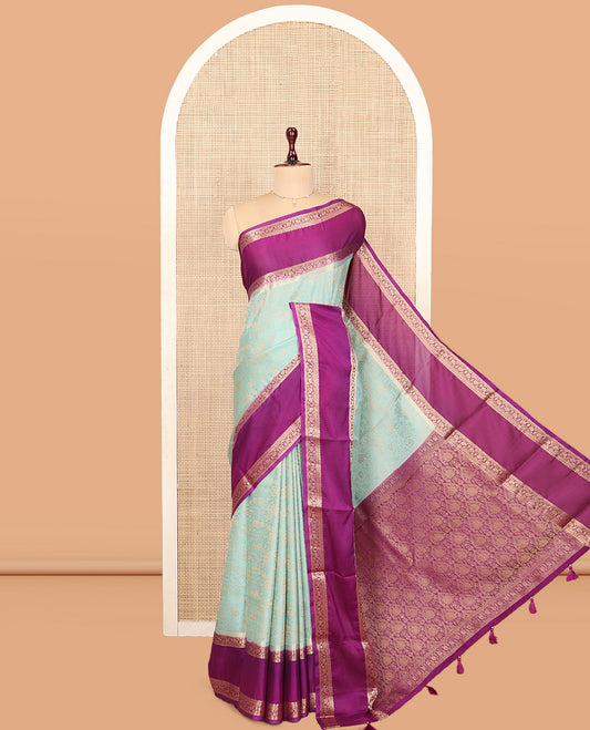 Turquoise Fancy Crepe Saree, Mesmerized with Floral Vine and Peacock Design, Complemented by a Contrast Traditional Zari Design Border, Intricately Designed Pallu, and Contrast Blouse