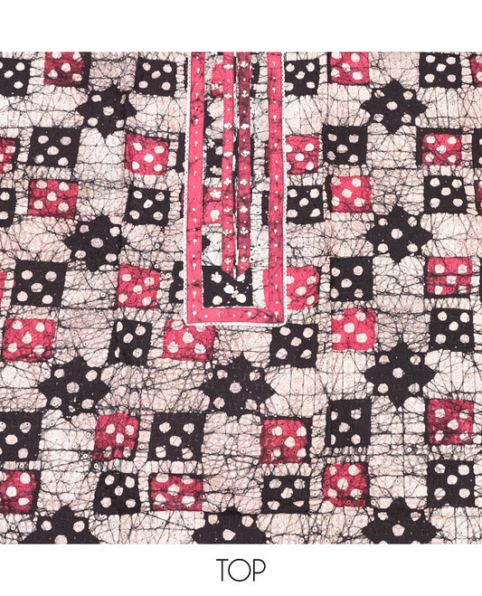 Black-Pink Cotton Material Churidar Set, Accentuated with Batik-Printed Top, Contrast Batik Bottom, and a Batik-Printed Dupatta