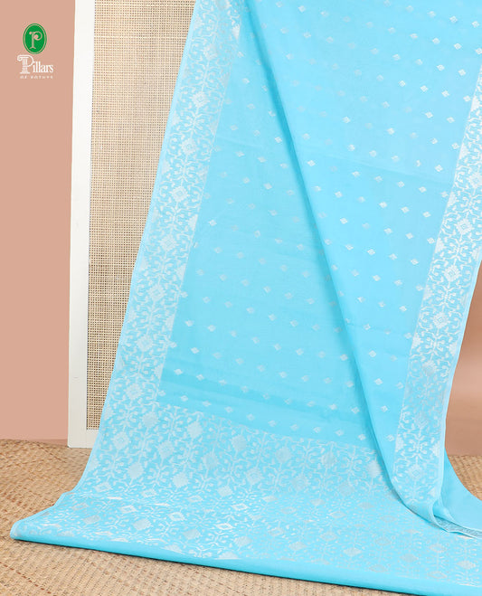 Light blue zari buttas silk cotton saree with jamthani weaving border & rich weaving pallu along with plain blouse