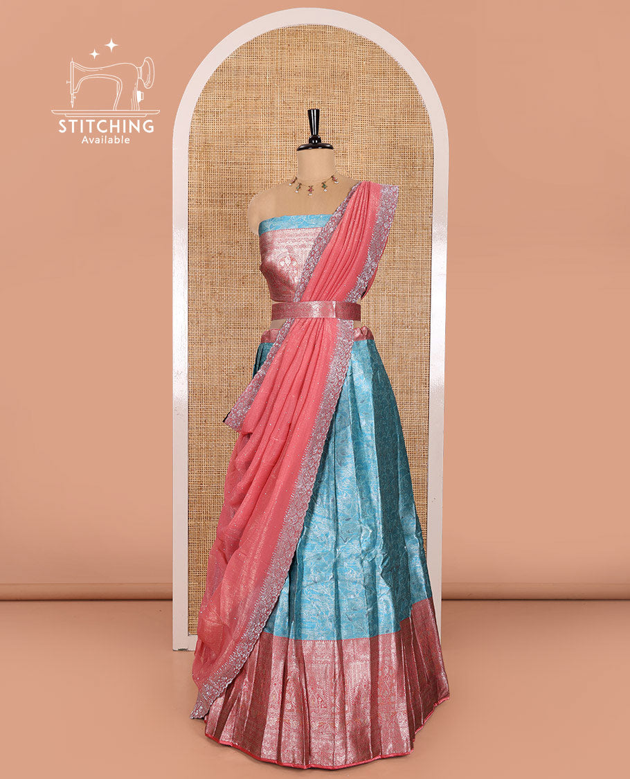 Blue Banarasi Half-Saree Featuring Jacquard Design Skirt, Complemented by Contrast-Rich Zari-Woven Intricate Border, Paired with a Matching Blouse, Contrast Velvet Organza Stone Work Dhavani, and Brocade Belt