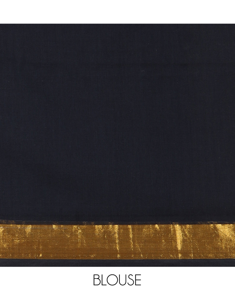 Black Plain Khadi Mul Cotton Saree, a Gold Zari Border, Sequins Striped Pallu, and a Matching Blouse