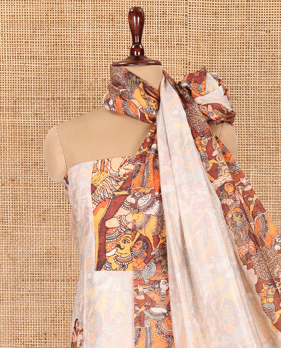 Cream Semi-Silk Material Chudidar, Ancient Human Motifs Printed Top, Santoon Bottom, and Printed Dupatta